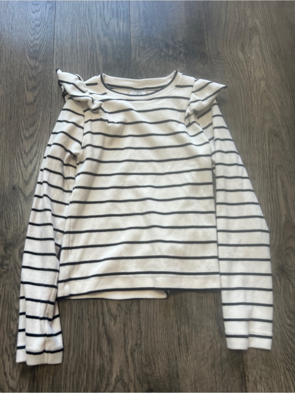 Zara Kids Long-Sleeve White & Black Striped Ruffle Shoulder Top - Size 8/9